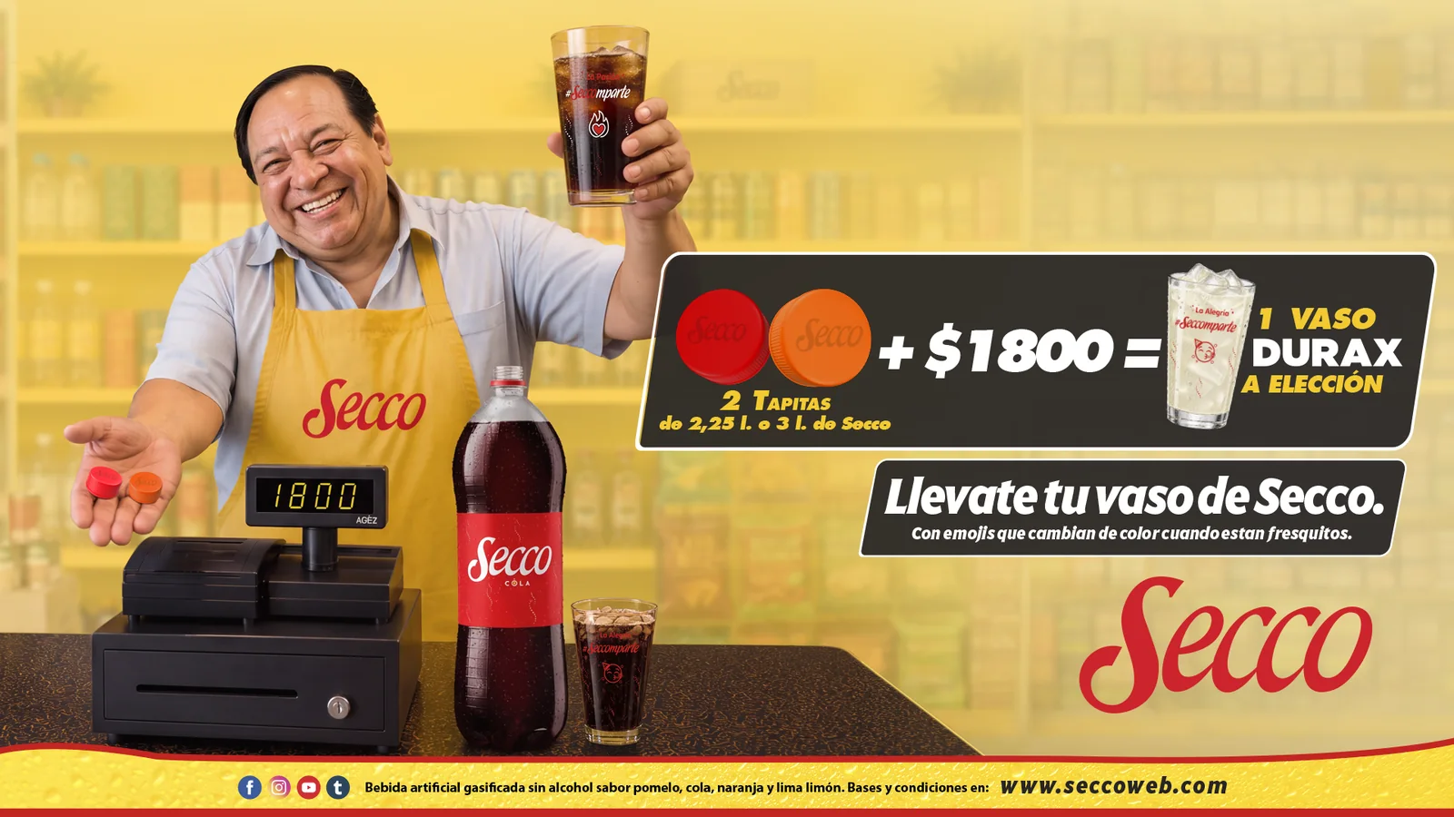 Almacenero con un vaso de Secco: 2 tapitas de 2,25 L o 3 L de Secco más $1800 equivalen a 1 vaso Durax a elección. Llevate tu vaso de Secco, con emojis que cambian de color cuando están fresquitos.